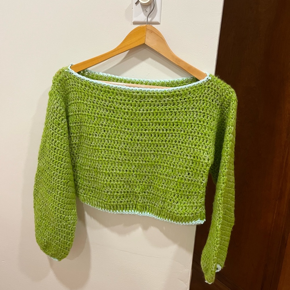 Handmade crochet green mohair boatneck sweater